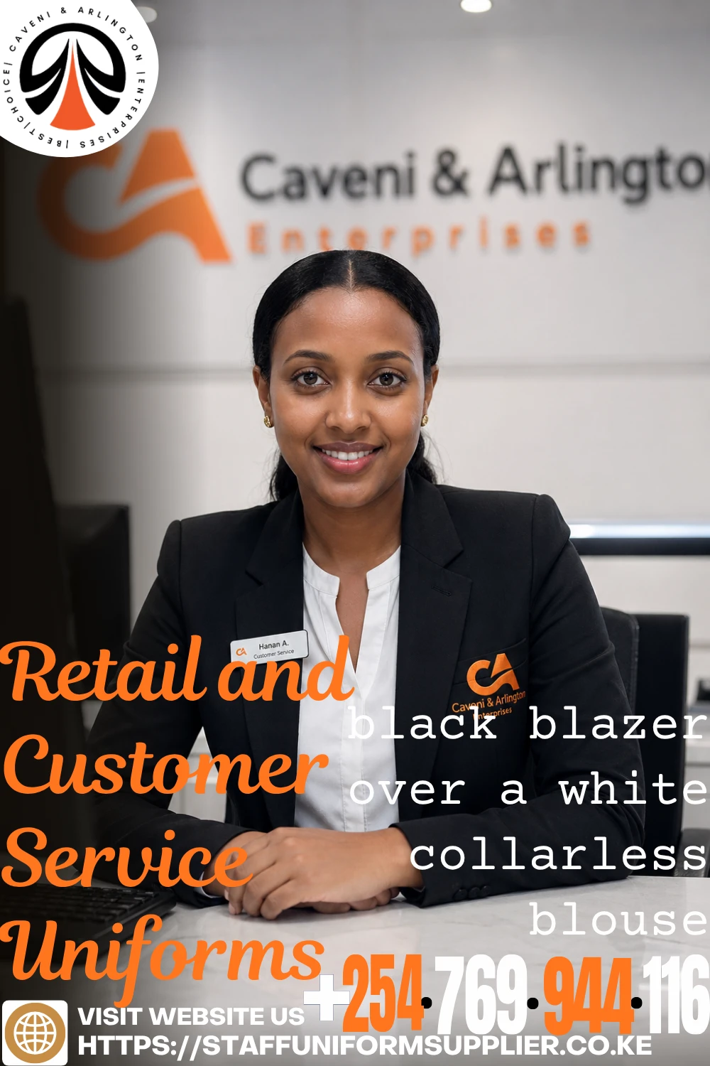 Retail and Customer Service Uniforms - black blazer over a white collarless blouse