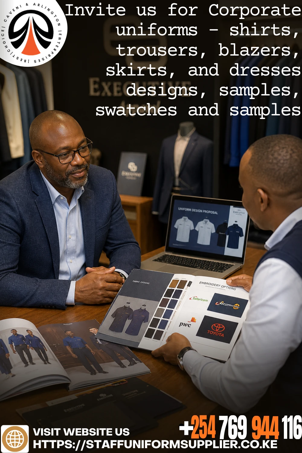 Invite us for Corporate uniforms - shirts, trousers, blazers, skirts, and dresses designs, samples, swatches and samples